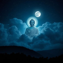 A mesmerizing night scene depicting the figure of the Buddha appearing majestically in the night sky