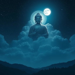 A mesmerizing night scene depicting the figure of the Buddha appearing majestically in the night sky