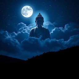 A mesmerizing night scene depicting the figure of the Buddha appearing majestically in the night sky