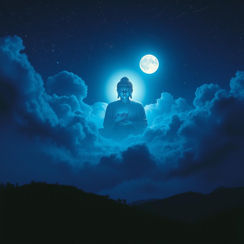 A mesmerizing night scene depicting the figure of the Buddha appearing majestically in the night sky