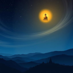 A beautiful nighttime scene of the Buddha appearing in the sky above the city of Dambadiva, illuminated by a gentle, golden glow