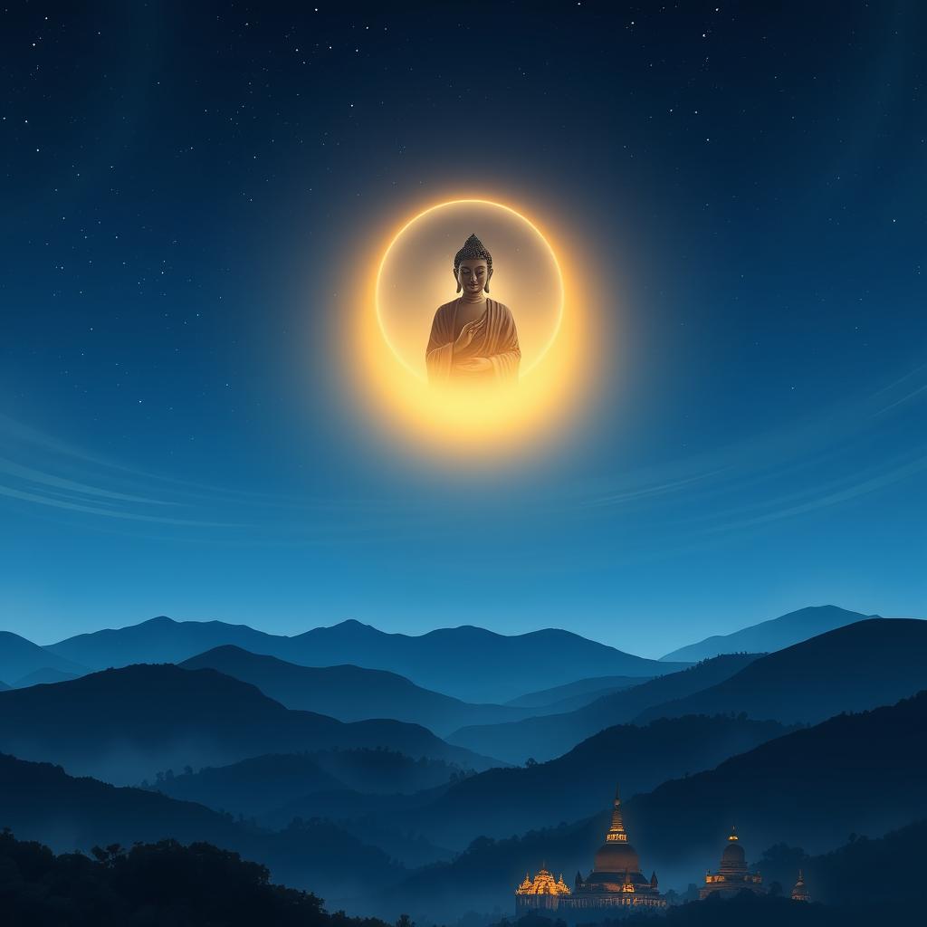 A beautiful nighttime scene of the Buddha appearing in the sky above the city of Dambadiva, illuminated by a gentle, golden glow