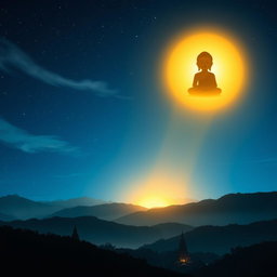 A beautiful nighttime scene of the Buddha appearing in the sky above the city of Dambadiva, illuminated by a gentle, golden glow