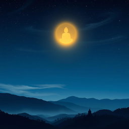 A beautiful nighttime scene of the Buddha appearing in the sky above the city of Dambadiva, illuminated by a gentle, golden glow
