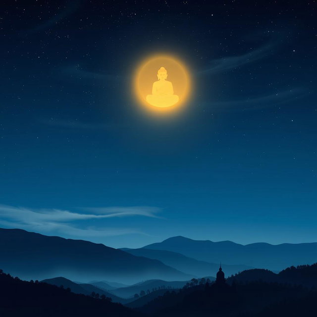 A beautiful nighttime scene of the Buddha appearing in the sky above the city of Dambadiva, illuminated by a gentle, golden glow
