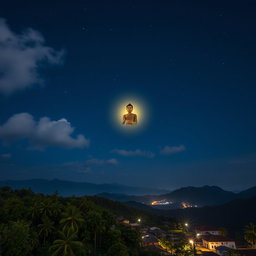 A stunning nighttime scene portraying the figure of the Buddha appearing in the sky above Dambadiva, India