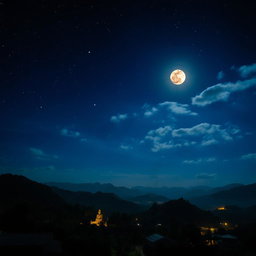 A stunning nighttime scene portraying the figure of the Buddha appearing in the sky above Dambadiva, India