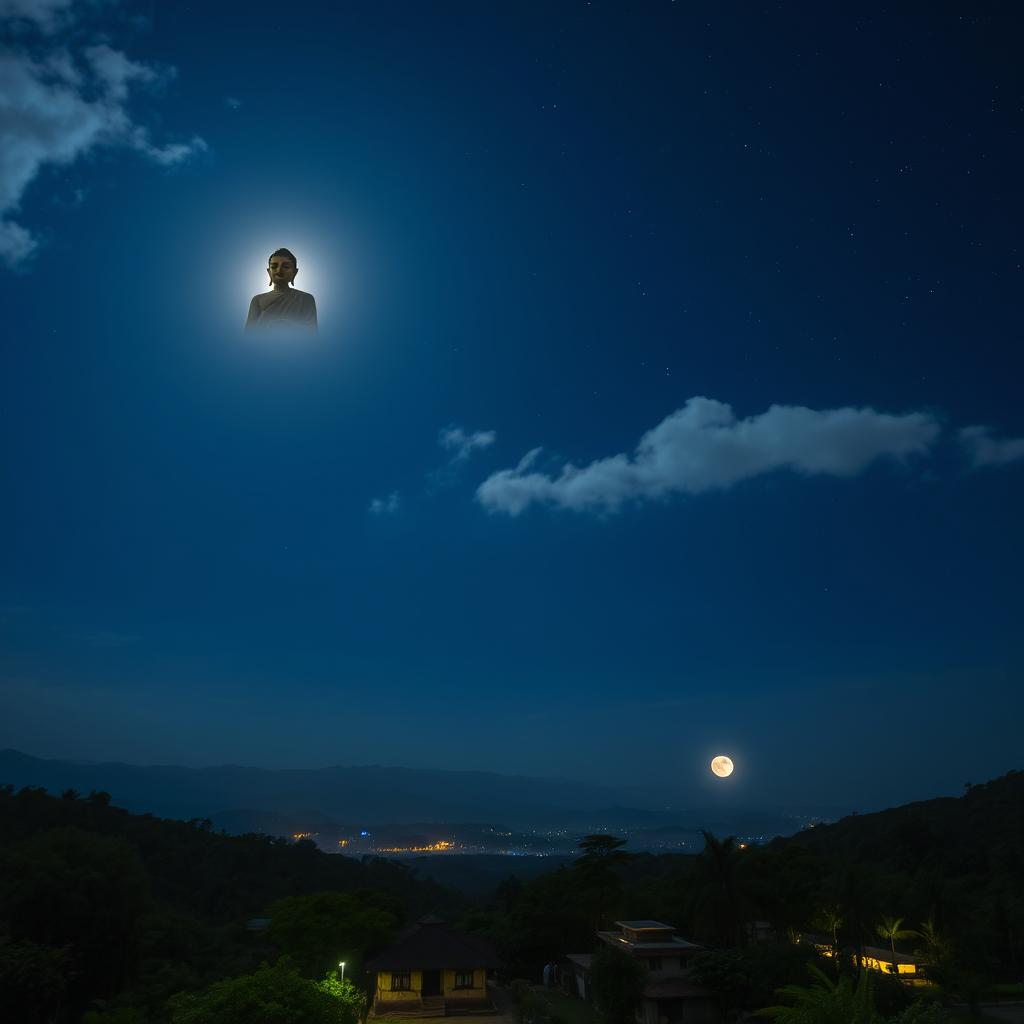 A stunning nighttime scene portraying the figure of the Buddha appearing in the sky above Dambadiva, India