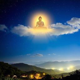 A stunning nighttime scene portraying the figure of the Buddha appearing in the sky above Dambadiva, India