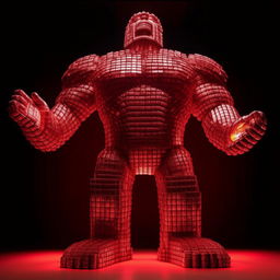 A titan of monumental stature, crafted entirely from vibrant, incandescent, red Coca-Cola cans that radiate an intense glow. The metallic surface glistens under the light, making the titan seem even more striking and awe-inspiring.