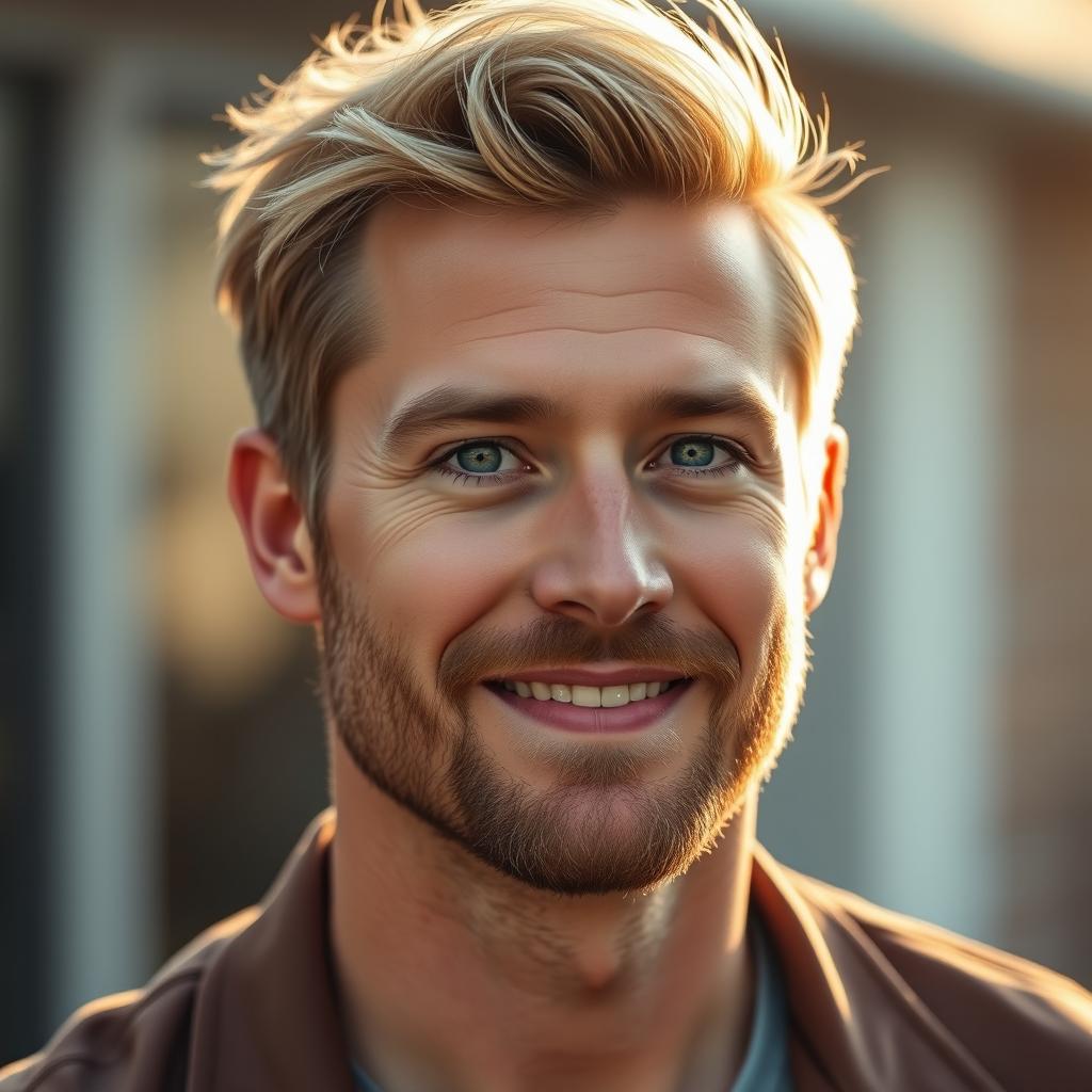 A portrait of a 35-year-old man with stylish blonde hair, a well-groomed short beard, and captivating emerald green eyes