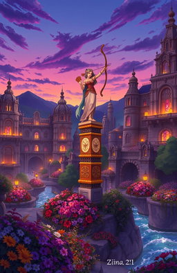 A vivid illustration of Nimrod, the ancient city of Luna the Hunter, set against a twilight sky