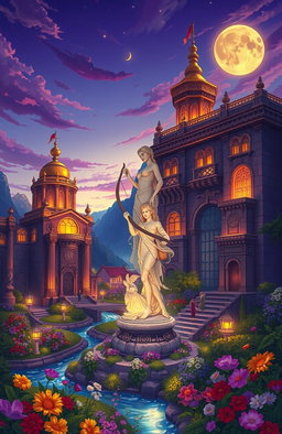 A vivid illustration of Nimrod, the ancient city of Luna the Hunter, set against a twilight sky