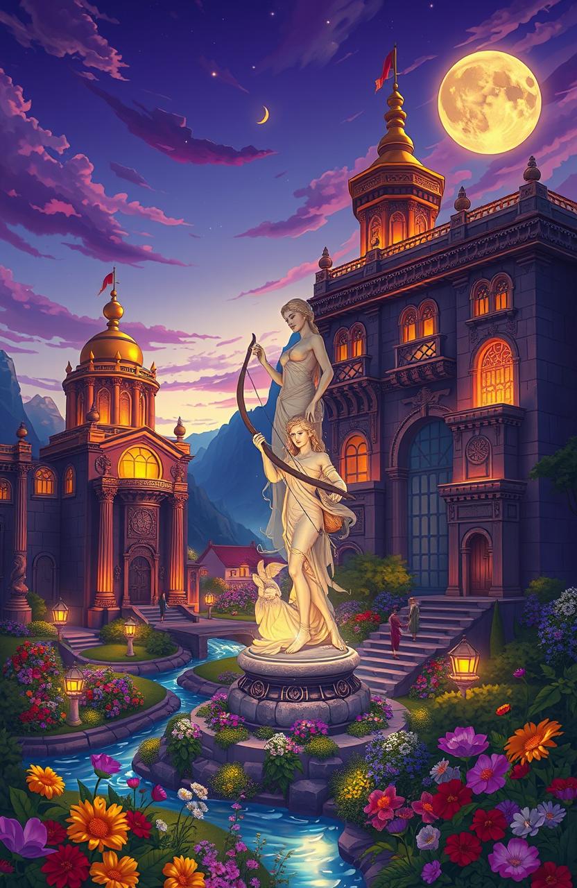 A vivid illustration of Nimrod, the ancient city of Luna the Hunter, set against a twilight sky