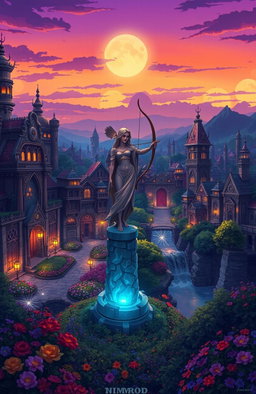A vivid illustration of Nimrod, the ancient city of Luna the Hunter, set against a twilight sky