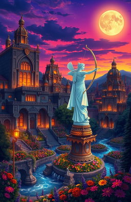 A vivid illustration of Nimrod, the ancient city of Luna the Hunter, set against a twilight sky