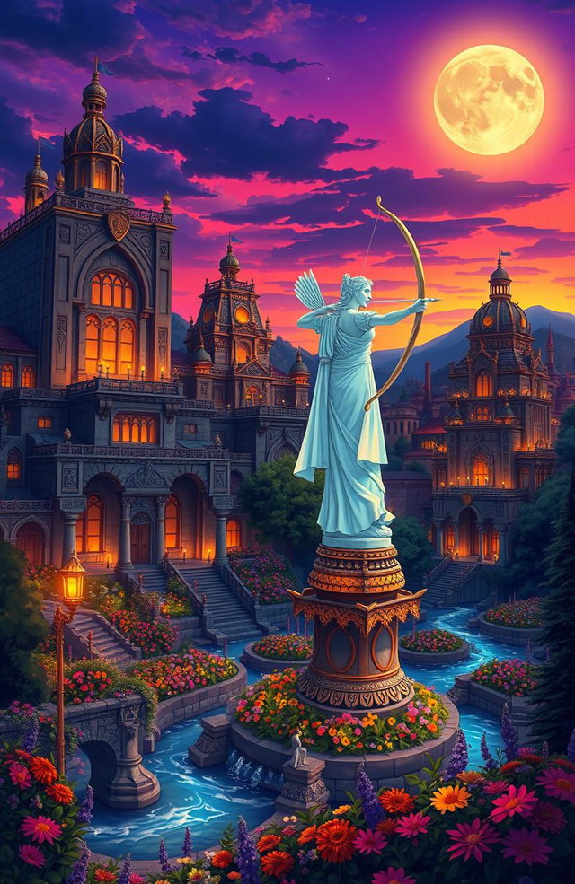 A vivid illustration of Nimrod, the ancient city of Luna the Hunter, set against a twilight sky