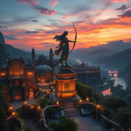 A breathtaking scene showcasing Nimrod, the legendary city of Luna the Hunter, at twilight