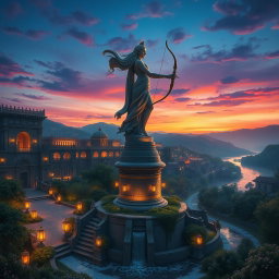 A breathtaking scene showcasing Nimrod, the legendary city of Luna the Hunter, at twilight