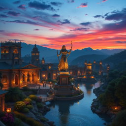 A breathtaking scene showcasing Nimrod, the legendary city of Luna the Hunter, at twilight