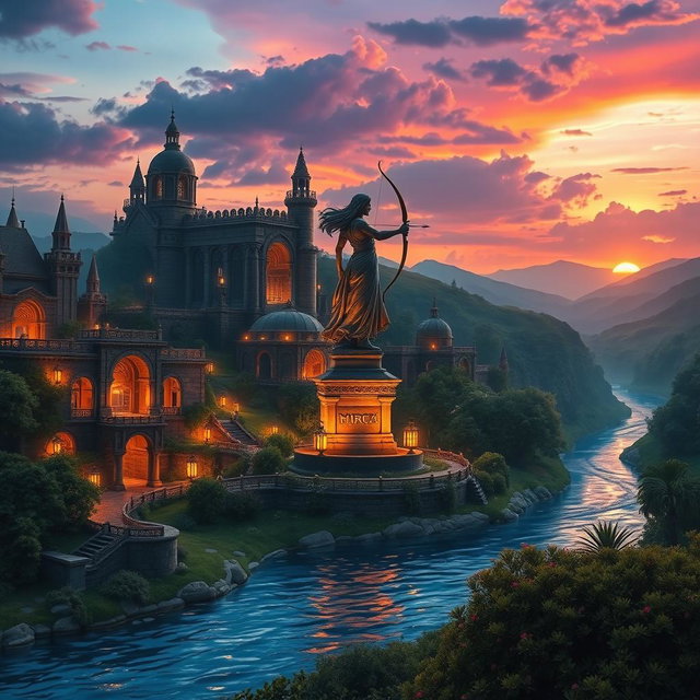 A breathtaking scene showcasing Nimrod, the legendary city of Luna the Hunter, at twilight
