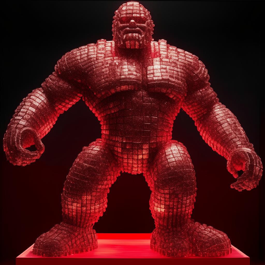 A titan of monumental stature, crafted entirely from vibrant, incandescent, red Coca-Cola cans that radiate an intense glow. The metallic surface glistens under the light, making the titan seem even more striking and awe-inspiring.