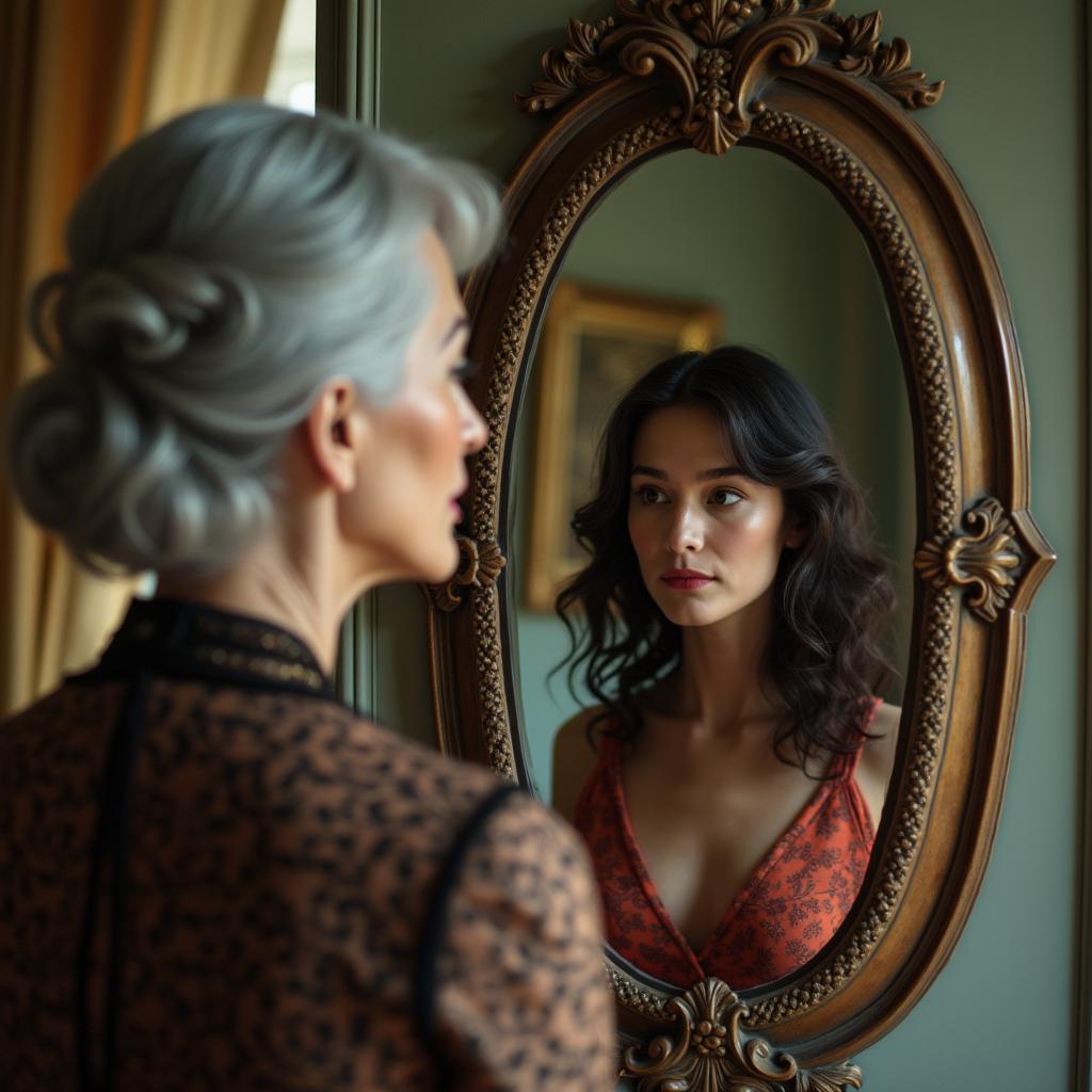 An older woman gazing thoughtfully at a younger reflection of herself in an ornate, vintage mirror