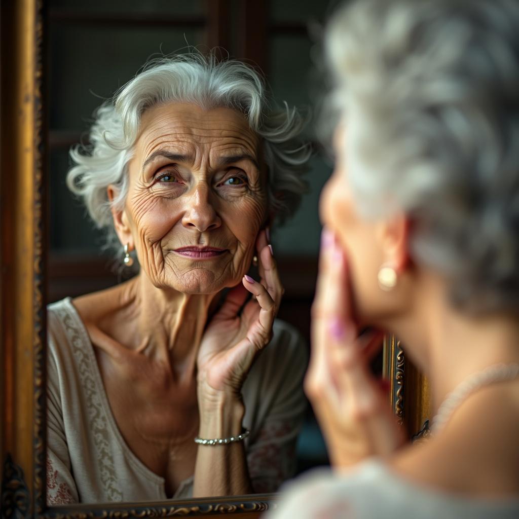 An older woman gazing thoughtfully at her reflection in a vintage mirror