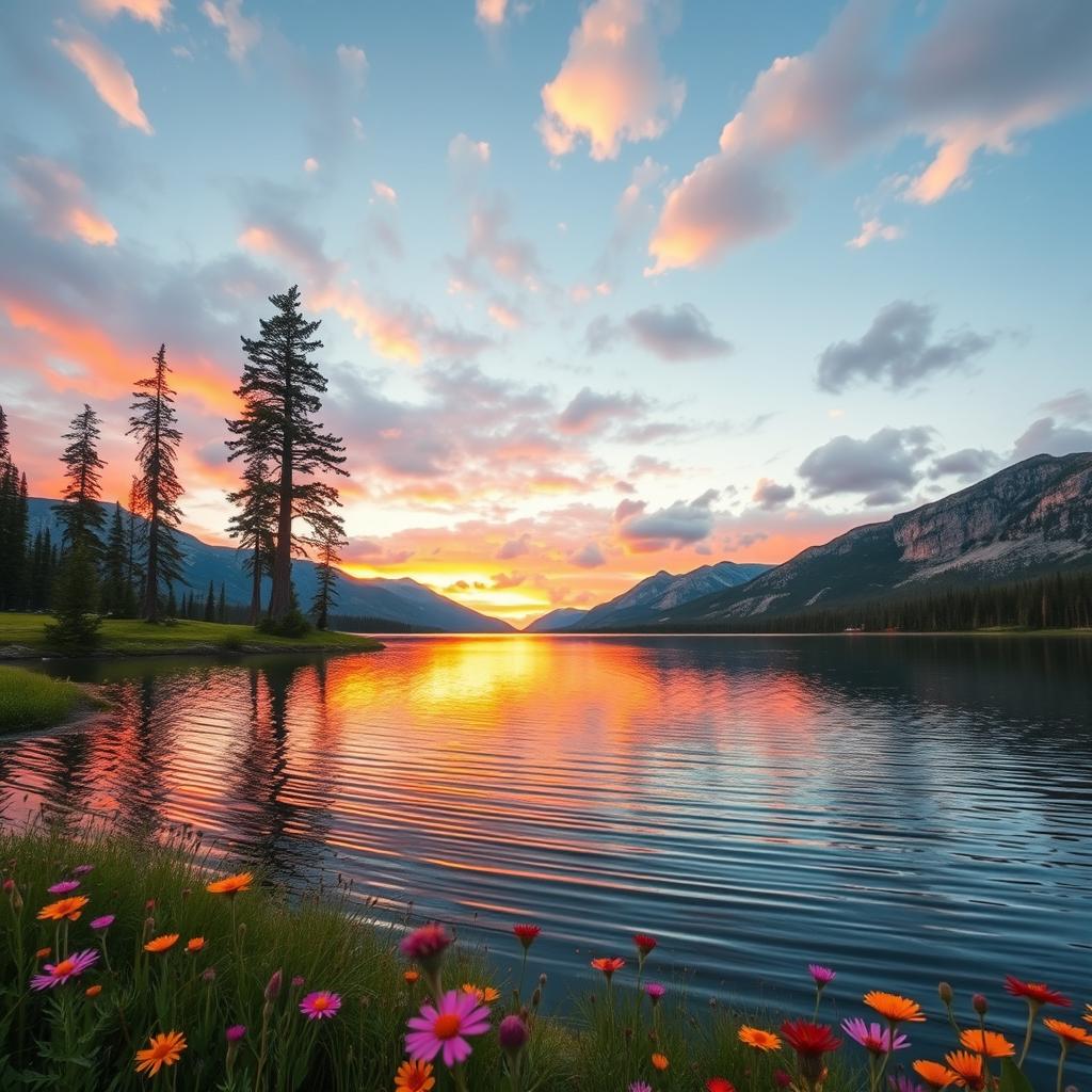 A majestic view of a tranquil lake at sunset, surrounded by tall pine trees and rugged mountains in the background