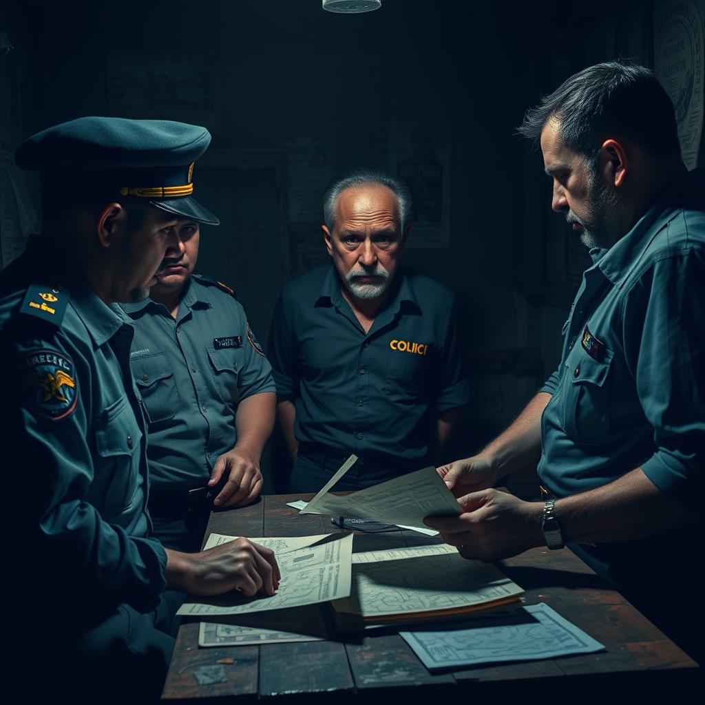 Two civil guards and two drug traffickers are conspiring together in a dimly lit room, surrounded by maps and documents