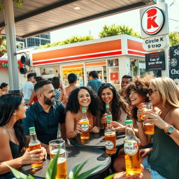 A vibrant outdoor scene at a Circle K convenience store with a diverse group of people enjoying themselves while drinking Super Bock beer
