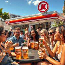A vibrant outdoor scene at a Circle K convenience store with a diverse group of people enjoying themselves while drinking Super Bock beer