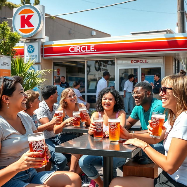 A vibrant outdoor scene at a Circle K convenience store with a diverse group of people enjoying themselves while drinking Super Bock beer