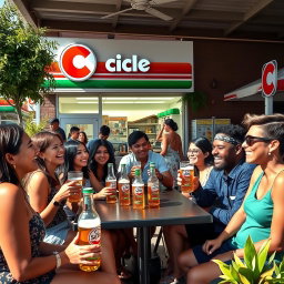 A vibrant outdoor scene at a Circle K convenience store with a diverse group of people enjoying themselves while drinking Super Bock beer