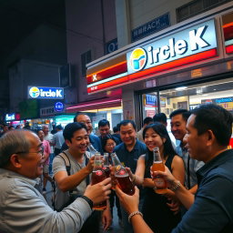 A vibrant outdoor scene at a Circle K store in Macau, featuring a diverse group of people enjoying Superbock beer under the night sky
