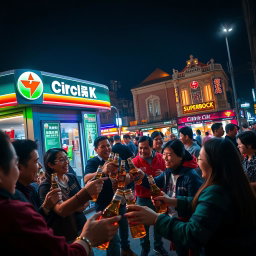 A vibrant outdoor scene at a Circle K store in Macau, featuring a diverse group of people enjoying Superbock beer under the night sky