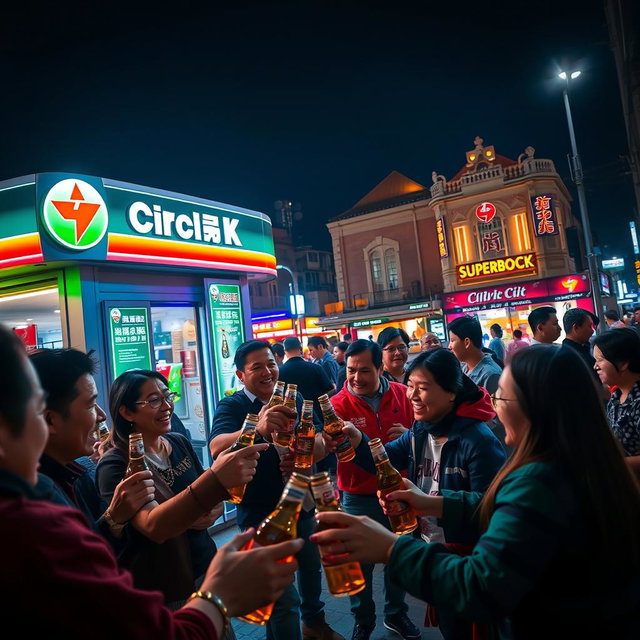 A vibrant outdoor scene at a Circle K store in Macau, featuring a diverse group of people enjoying Superbock beer under the night sky