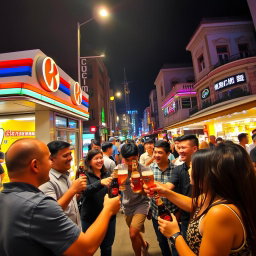A vibrant outdoor scene at a Circle K store in Macau, featuring a diverse group of people enjoying Superbock beer under the night sky