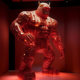 A titan of monumental stature, crafted entirely from vibrant, incandescent, red Coca-Cola cans that radiate an intense glow. The metallic surface glistens under the light, making the titan seem even more striking and awe-inspiring.