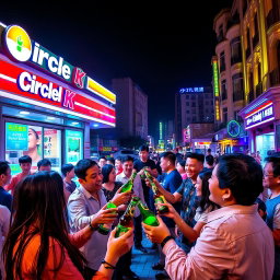 A vibrant outdoor scene at a Circle K store in Macau, featuring a diverse group of people enjoying Superbock beer under the night sky