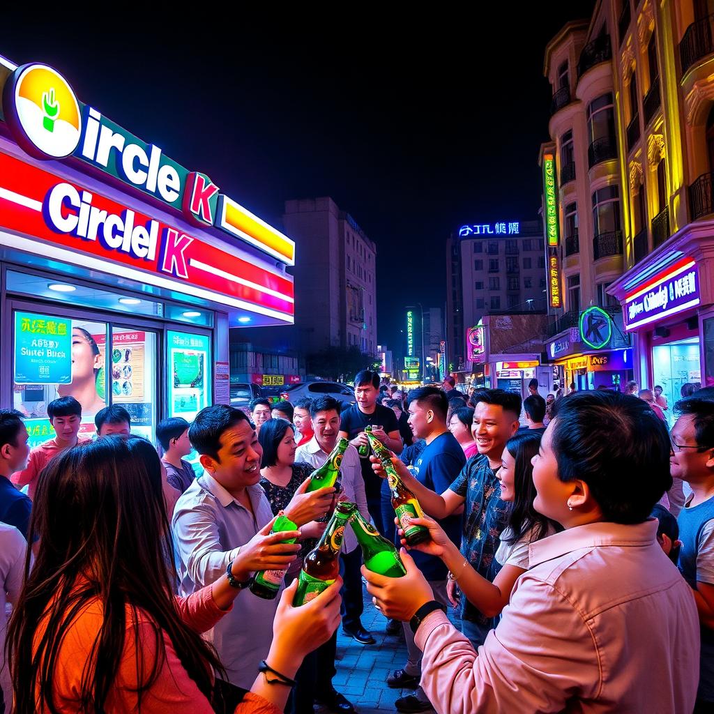 A vibrant outdoor scene at a Circle K store in Macau, featuring a diverse group of people enjoying Superbock beer under the night sky