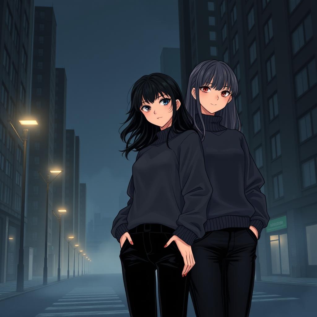 A webtoon novel cover illustrating a mysterious night city atmosphere, with dim street lamps casting a subtle glow, a hint of fog in the distance, and the shadowy outline of tall buildings creating a dark and intriguing setting