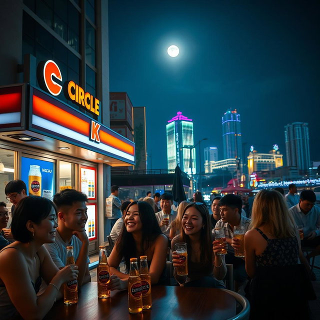 A vibrant outdoor scene at a Circle K convenience store in Macau at night, with people enjoying their time, sipping on cold Super Bock beer