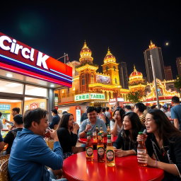 A vibrant outdoor scene at a Circle K convenience store in Macau at night, with people enjoying their time, sipping on cold Super Bock beer