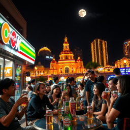 A vibrant outdoor scene at a Circle K convenience store in Macau at night, with people enjoying their time, sipping on cold Super Bock beer