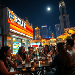 A vibrant outdoor scene at a Circle K convenience store in Macau at night, with people enjoying their time, sipping on cold Super Bock beer