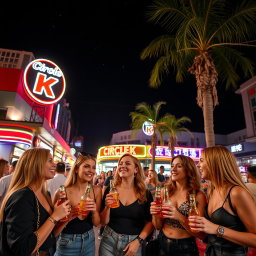 A vibrant outdoor scene at Circle K in Macau at night, featuring several stylish women enjoying drinks and laughter