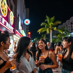 A vibrant outdoor scene at Circle K in Macau at night, featuring several stylish women enjoying drinks and laughter