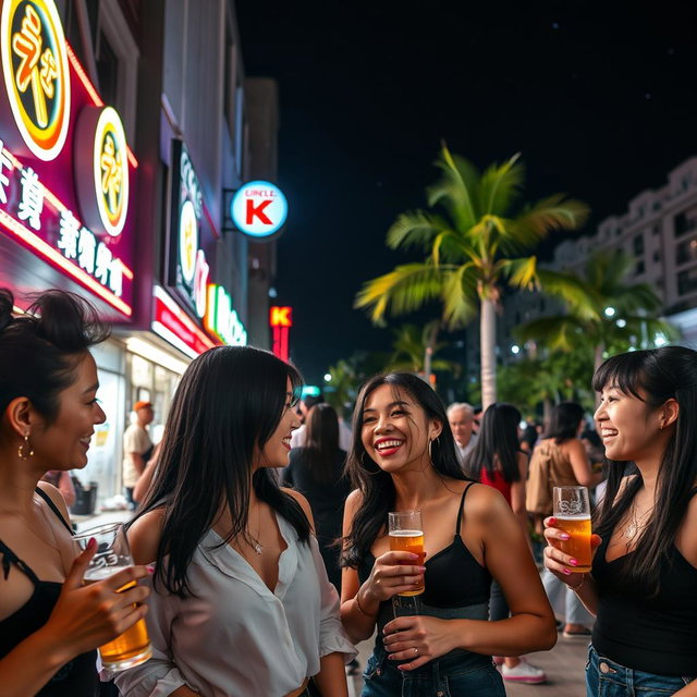 A vibrant outdoor scene at Circle K in Macau at night, featuring several stylish women enjoying drinks and laughter