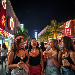 A vibrant outdoor scene at Circle K in Macau at night, featuring several stylish women enjoying drinks and laughter